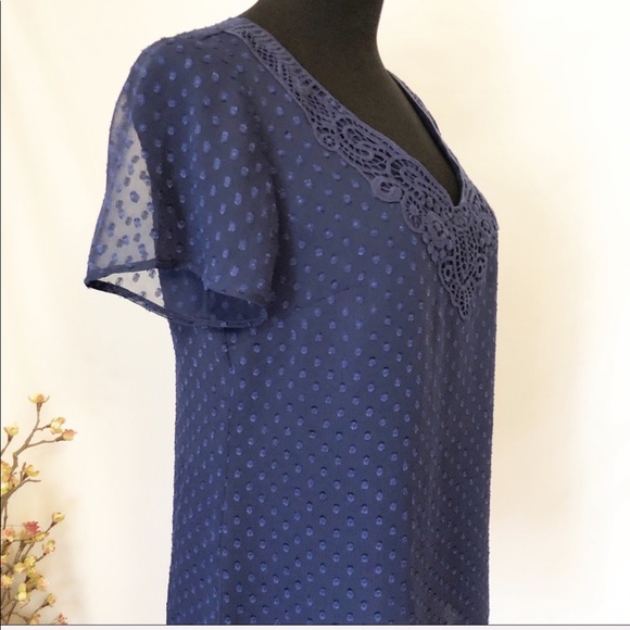 Coldwater Creek Navy Appliqué Swiss Dot Blouse in navy. Very feminine. - Picture 3 of 7